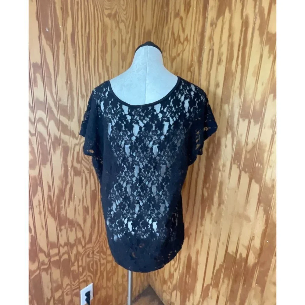 Free People Top Pullover Short Sleeve Scoop Neck Floral Lace Black Sz‎ Small